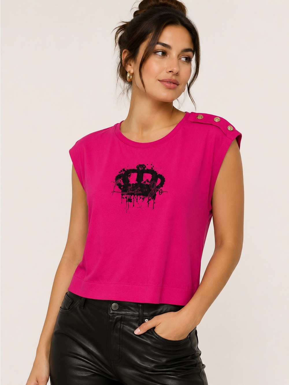 NWT Liu Jo Crown Graphic Muscle Tee XS Pink Gold Button Shoulder Cap Sleeve Top